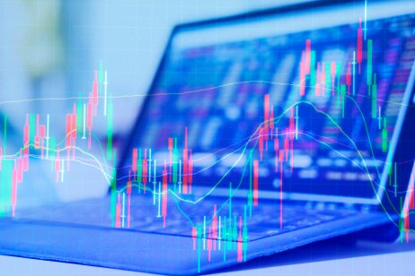 Double exposure Technical price chart and indicator, red and green candlestick chart and stock trading computer screen background Market volatility, up and down trend. Cryptocurrency theme background