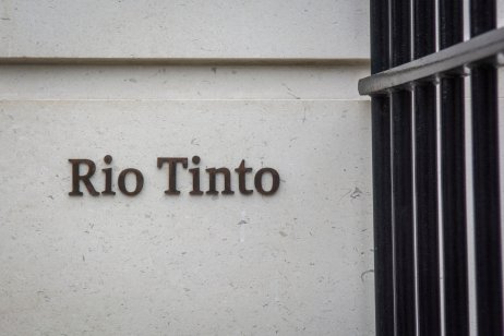 Signage logo at the entrance of the Rio Tinto head office on St James's Square- a leading British global mining group