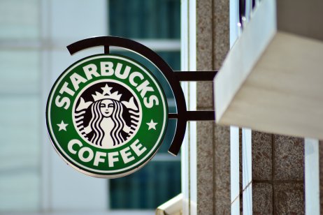 Warsaw, Poland. 23 April 2018. Sign Starbucks Coffee. Company signboard Starbucks Coffee.