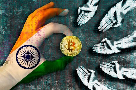 A hand illustrated in the Indian flag giving a golden bitcoin to outstretched hands of the poor