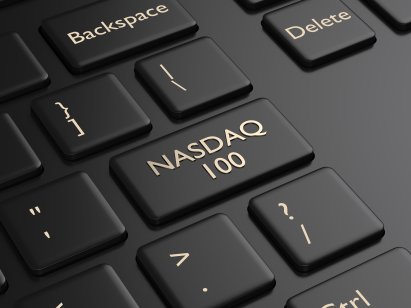 3d render closeup of computer keyboard with NASDAQ 100 index button. Stock market indexes concept.