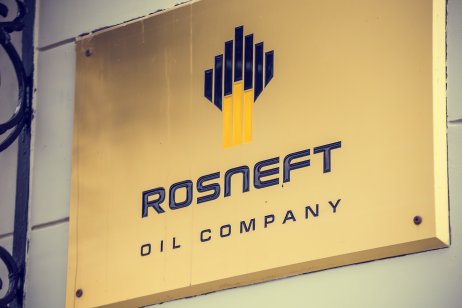 Rosneft's company logo on the exterior of its offices in Moscow, Russia.