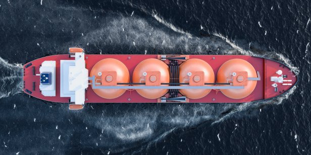 Top view of a gas tanker sailing in the ocean