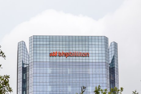 Houston, Texas, USA - September 22, 2018: Sign of BHP Billiton Petroleum on BHP Billiton Tower, an Anglo-Australian multinational mining, metals and petroleum dual-listed public company.