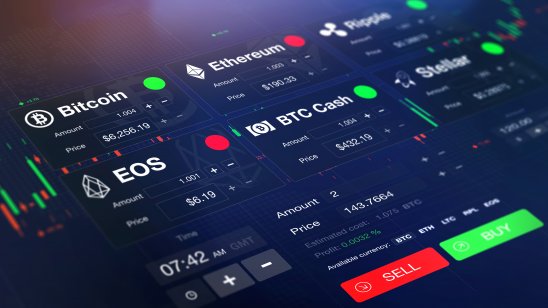 Futuristic cryptocurrency exchange with chart, numbers and BUY and SELL options