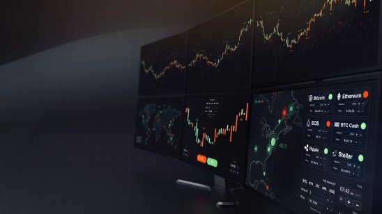 Futuristic crypto currency/stock exchange scene with chart, numbers and BUY and SELL options (3D illustration)