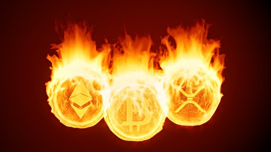 Bitcoin, ethereum and ripple burning in fire