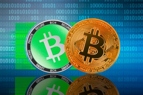 Bitcoin Cash (BCH) and Bitcoin (BTC) on the binary code background