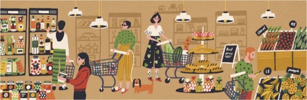 Illustration of people shopping in a food store