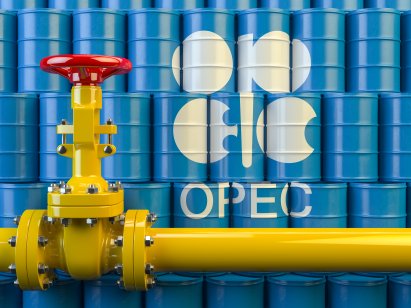 Oil pipe line valve in front of the barrels with OPEC symbol