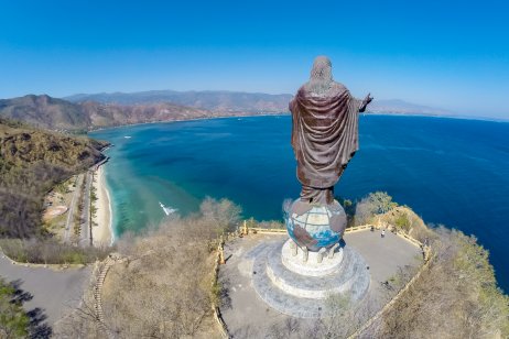  Aerial view of Cristo Rei of Dili statue, overlooking the harbour
