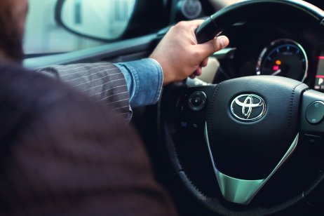 Close-up of a Toyota steering wheel