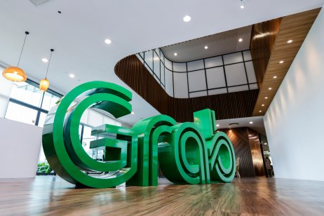 PETALING JAYA, MALAYSIA - APRIL 28, 2019. An e-hailing company logo, Grab display at the main Grab headquarters lobby in Petaling Jaya, Selangor.