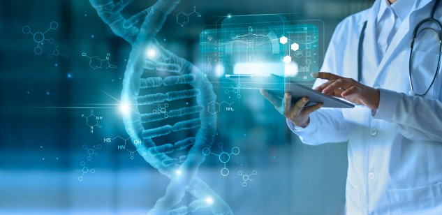 Doctor using tablet with DNA helix and code in the background