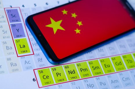 Chinese flag on a smartphone on a periodic table highlighting rare earth minerals