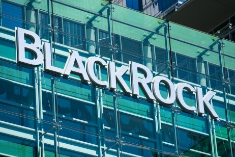  BlackRock sign and logo on glass facade of financial company office building in Silicon Valley - San Francisco, California, USA