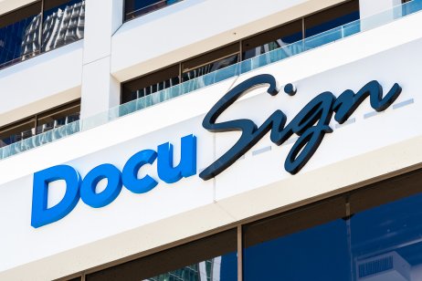 August 21, 2019 San Francisco / CA / USA - Close up of DocuSign logo at their headquarters in SOMA district; DocuSign, Inc. is an American company providing document management services