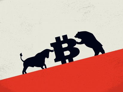 Illustration of a bull and bear pushing and resisting a bitcoin logo