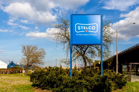 Hamilton, Ontario, Canada - May 20, 2018: Sign of Stelco at Hamilton plant, Founded in 1910, Stelco Holdings Inc. is a steel company based in Hamilton, Ontario, Canada.