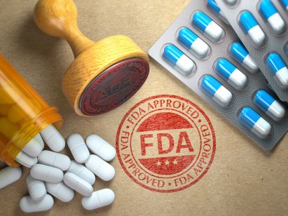 Rubber stamp with FDA and pills on craft paper 