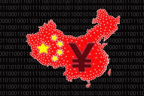 China map made of digital blockchain grid on a black background with binary code