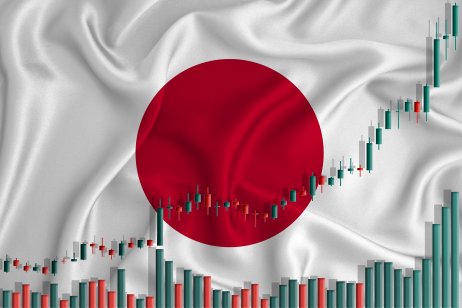 Rising against the backdrop of the Japan flag and stock price fluctuations. Rising stock prices of companies.