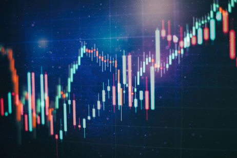 Technical price graph and indicator, red and green candlestick chart on blue theme screen, market volatility, up and down trend. Stock trading, crypto currency background.