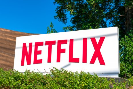 Netflix sign at company headquarters in Silicon Valley. Netflix, Inc. is an American media-services provider and production company - Los Gatos, California, USA - 2020