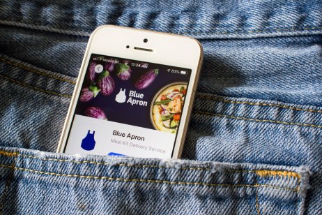 Grocery delivery service company Blue Apron's mobile app icon is seen on a smartphone.