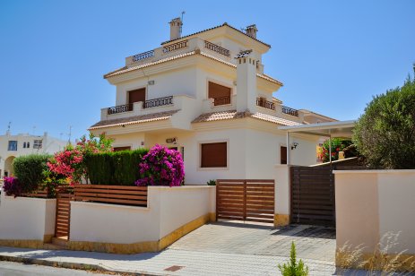 Canarian style houses in the resort town of Orihuela, La Zenia, Spain.