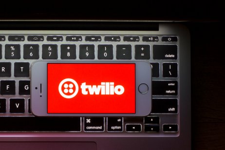 Portland, OR, USA - Apr 14, 2020: The Twilio logo is seen on a smartphone. Twilio is a cloud communications platform as a service company based in San Francisco, California.