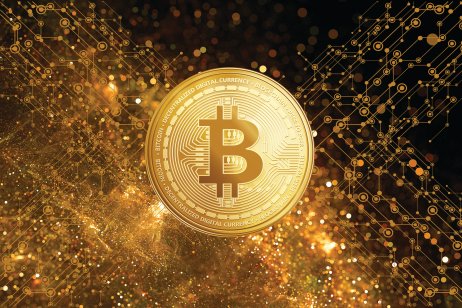 Bitcoin with technological golden background