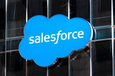 Close up of Salesforce logo displayed on one of their towers in downtown San Francisco