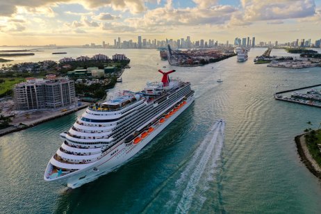 A aerial view of Carnival Cruise ship Magic as it departs Miami.