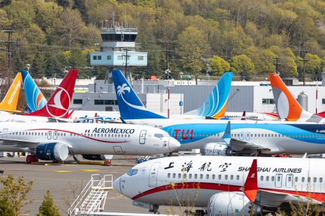 Aeroméxico jet parked with grounded 737 Max-8 planes at Boeing Field
