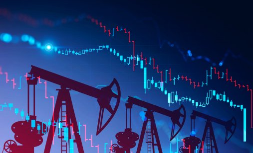 Top oil stocks: Which oil companies are ahead in 2022? Three oil pumps over blue background with double exposure of falling blurry digital graphs. Concept of oil market crisis. 3d rendering toned image