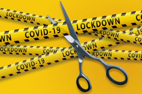 Scissors cut yellow ribbons with text Covid-19 lockdown