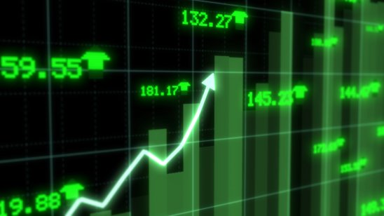 Green and black stock chart, indicating upward movement
