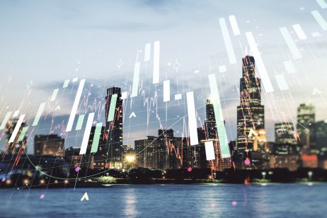 City skyline with stock illustration overlaid