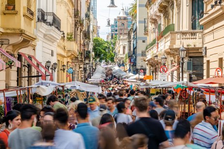 Crowds at the traditional San Telmo Market in Buenos Aires, Argentina.