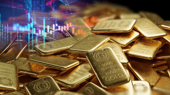 Gold bullion and stock market screen analysis concept
