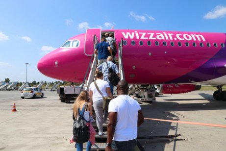 Passengers board low-cost airline Wizz Air in Poland