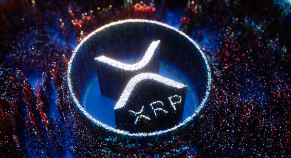 XRP logo depicted in white pinpoint lights on a blue and multicoloured background of pinpoint lights