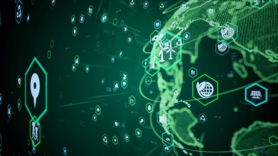Image of carbon trading icons in a green background