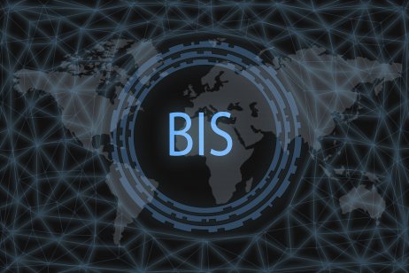Bank for International Settlements BIS inscription on a dark background and a world map