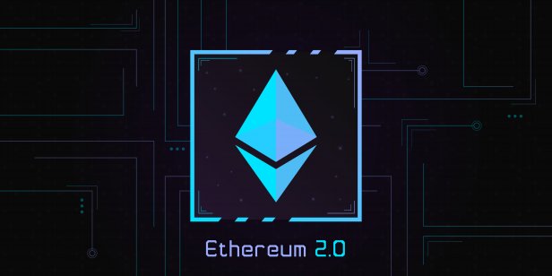 Ethereum 2.0 logo, which depicts a blue pyramid in reflection, on dark background