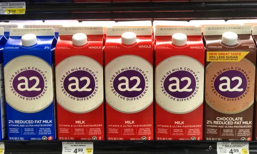 Grocery store shelf with cartons of a2 brand milk