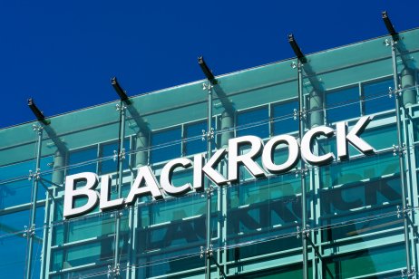 BlackRock sign and logo on glass facade of financial investment management corporation office building in Silicon Valley, San Francisco, California, US