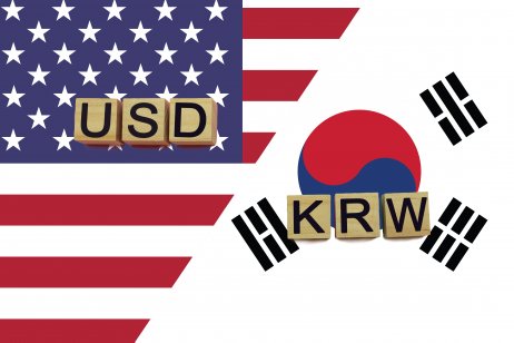 American and South Korea Republic currencies codes on national flags background. 