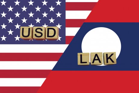 USA and Laos currencies codes on national flags background.